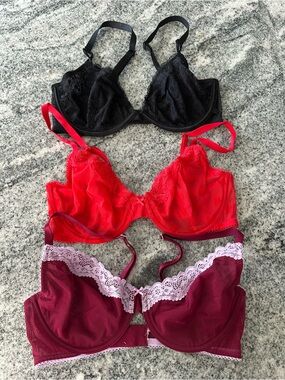 Victoria’s Secret Lace Underwire Bra Trio - Black, Red, Burgundy